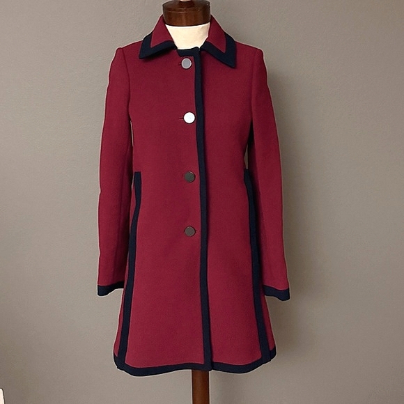 J Crew Wool women's lady day coat burgundy navy blue trim Peacoat Sz 2 Fall - Picture 1 of 9